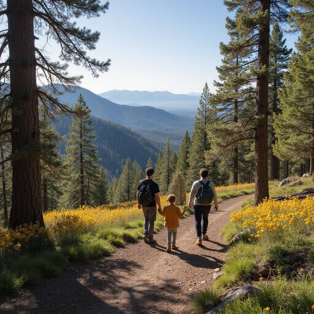 Three people hiking on a trail through a mountain landscape with yellow wildflowers.