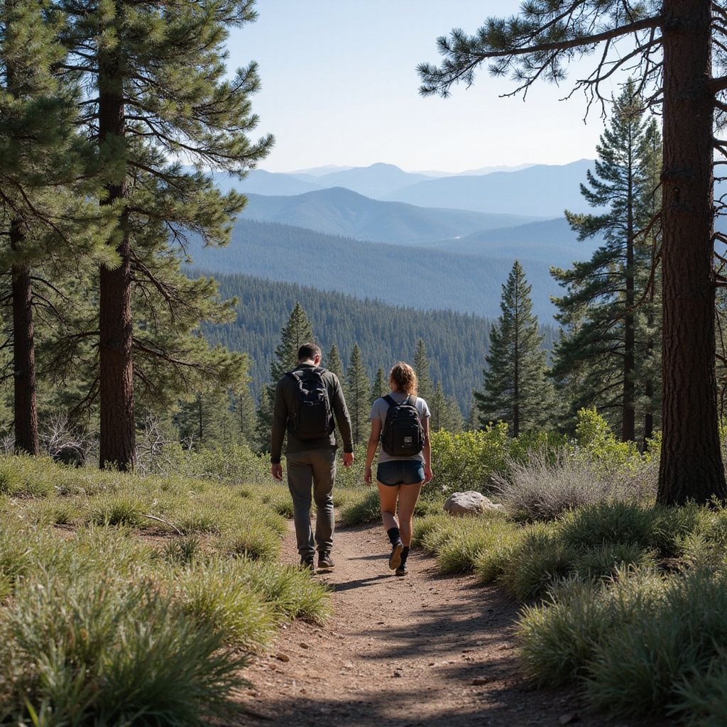 Two hikers on a trail in a forest, overlooking mountains. Sunny, natural light.
