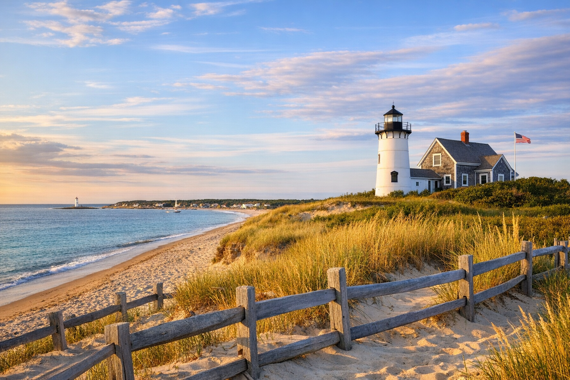“A lighthouse and cottage on a coastal dune at sunset.”