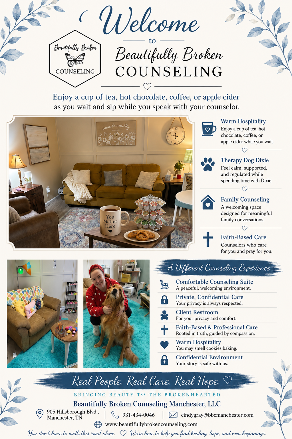 Welcome flyer for a bed and breakfast with house details, rocking chairs, and room photos