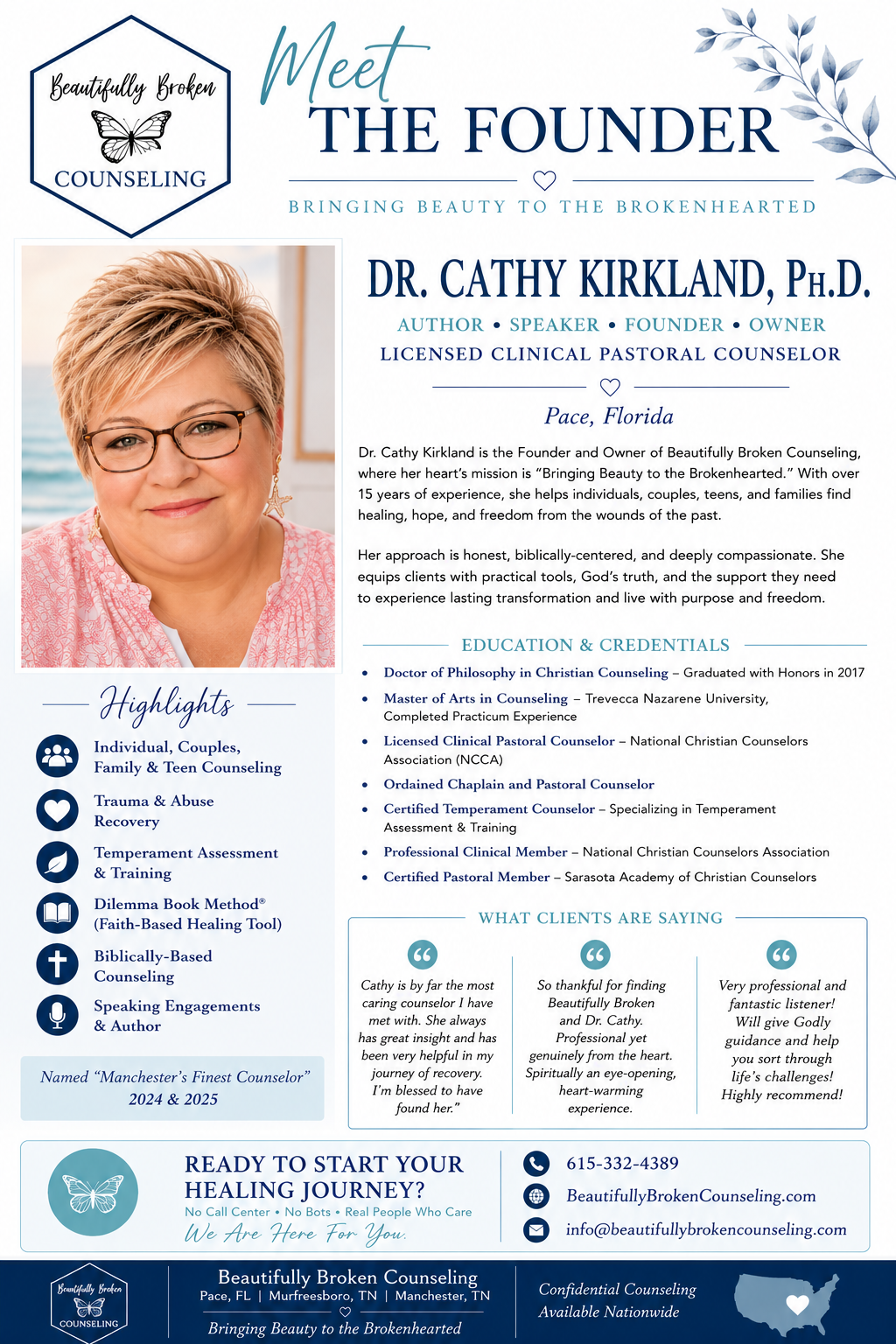 Flyer introducing Dr. Cathy Kirkland with portrait, blue-and-white layout, and practice details