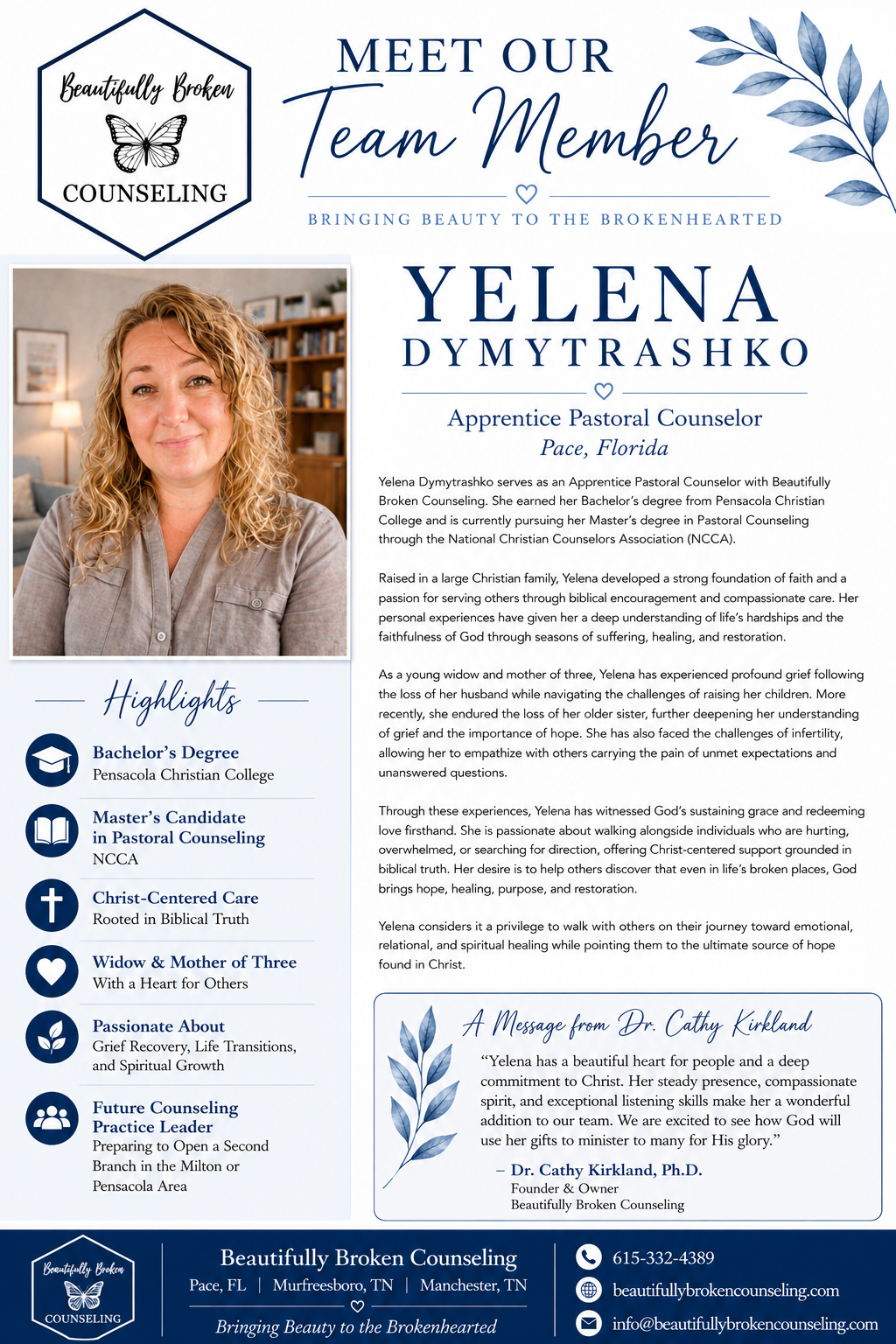 Team member profile for Yelena Dymtrashko, a realtor, with headshot and blue floral branding.