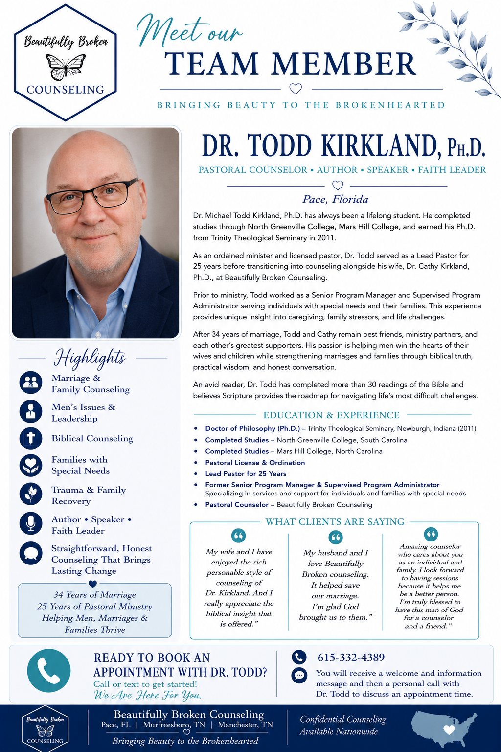 Team member profile for Dr. Todd Kirkland, with portrait, biography text, and contact details on a blue-and-white flyer