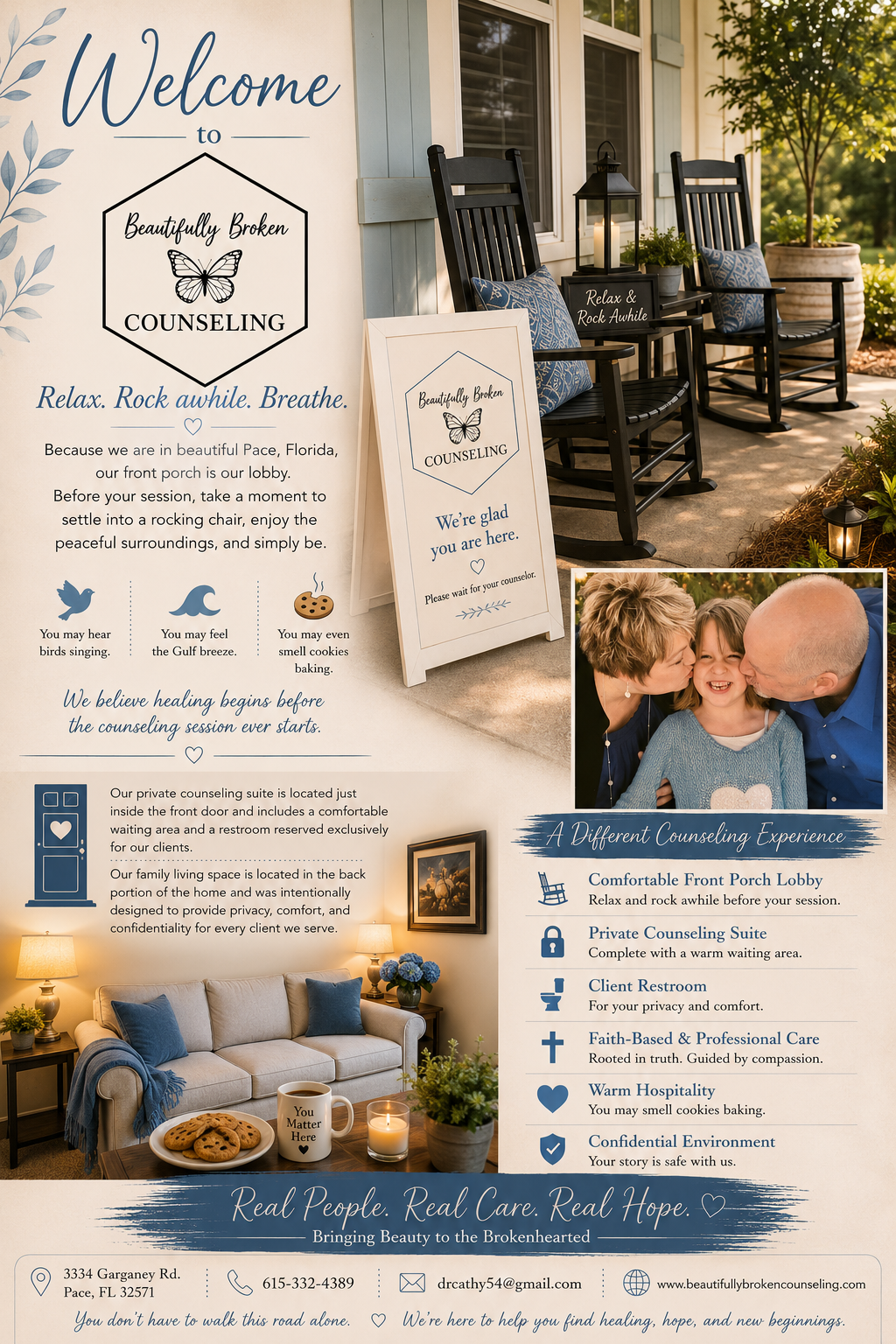Welcome flyer for a bed and breakfast with house details, rocking chairs, and room photos