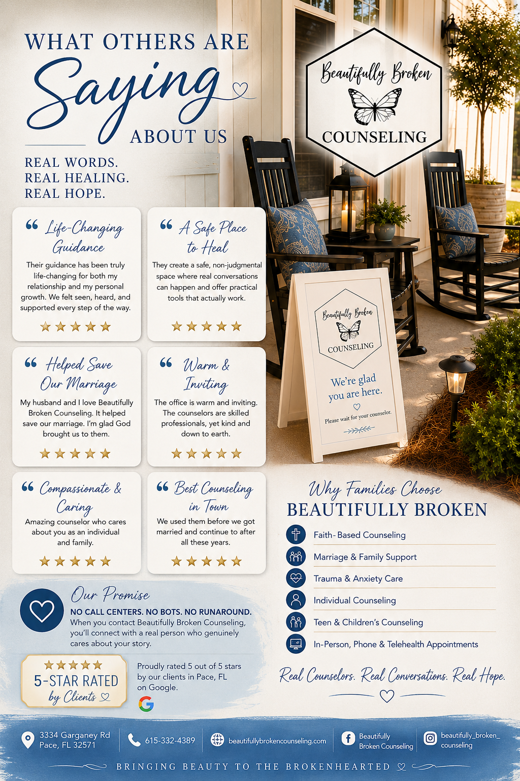 Beautifully Broken Counseling review page with “What Others Are Saying” positive quotes all over the page.