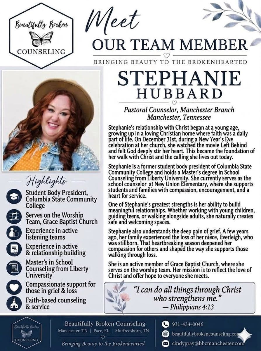 Flyer introducing Dr. Cathy Kirkland with portrait, blue-and-white layout, and practice details