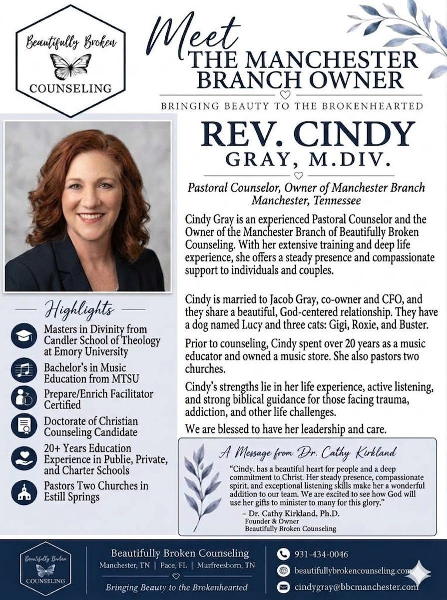 Flyer introducing Dr. Cathy Kirkland with portrait, blue-and-white layout, and practice details