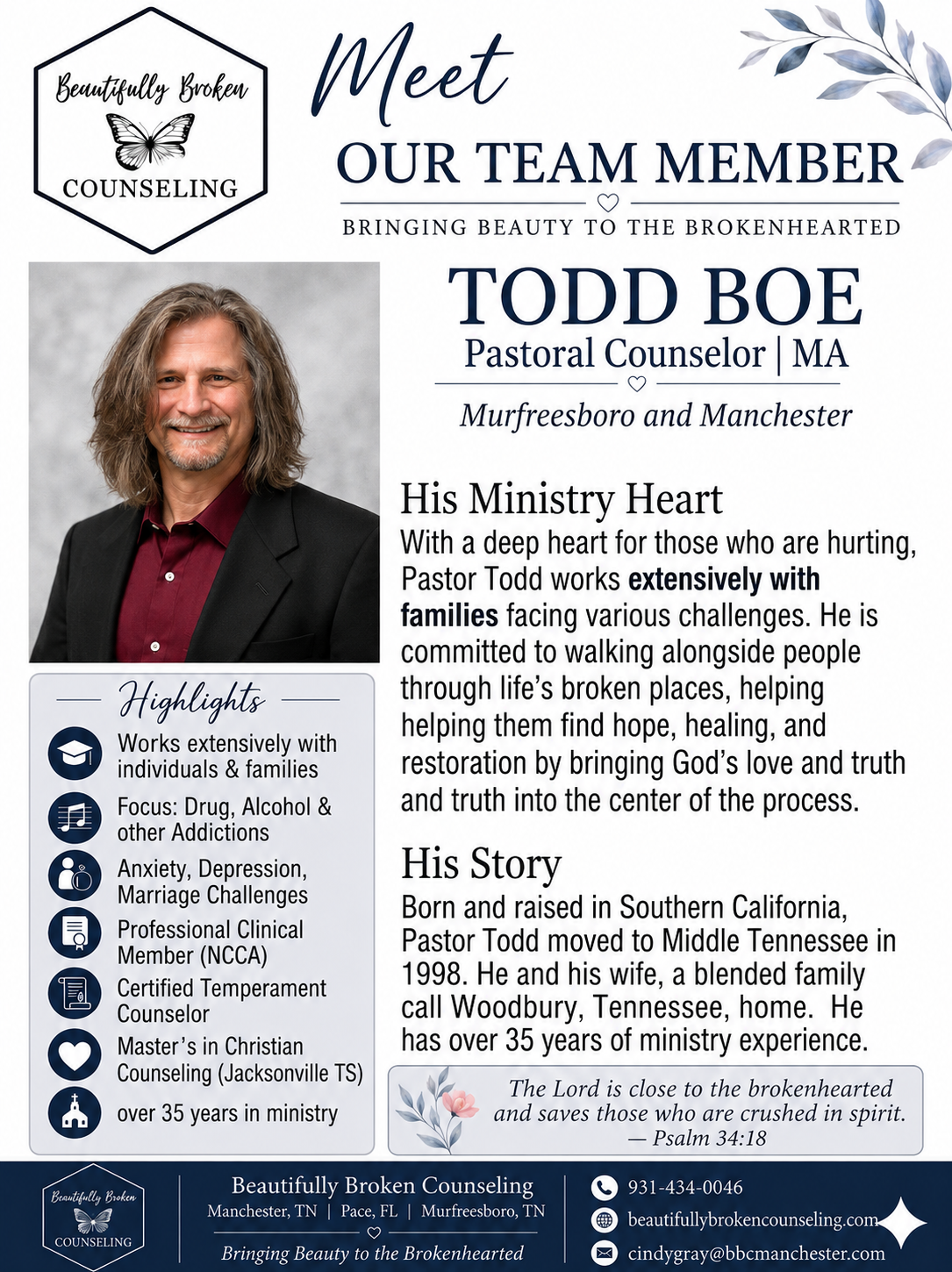 Flyer introducing Dr. Cathy Kirkland with portrait, blue-and-white layout, and practice details