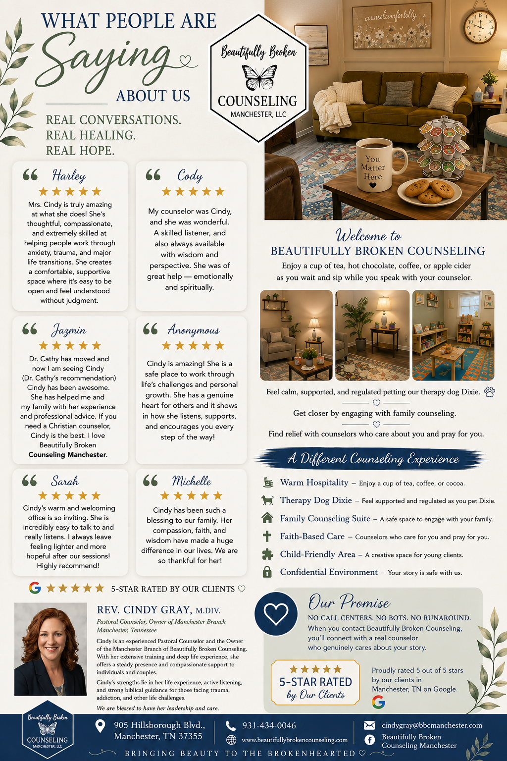 Beautifully Broken Counseling review page with “What Others Are Saying” positive quotes all over the page.