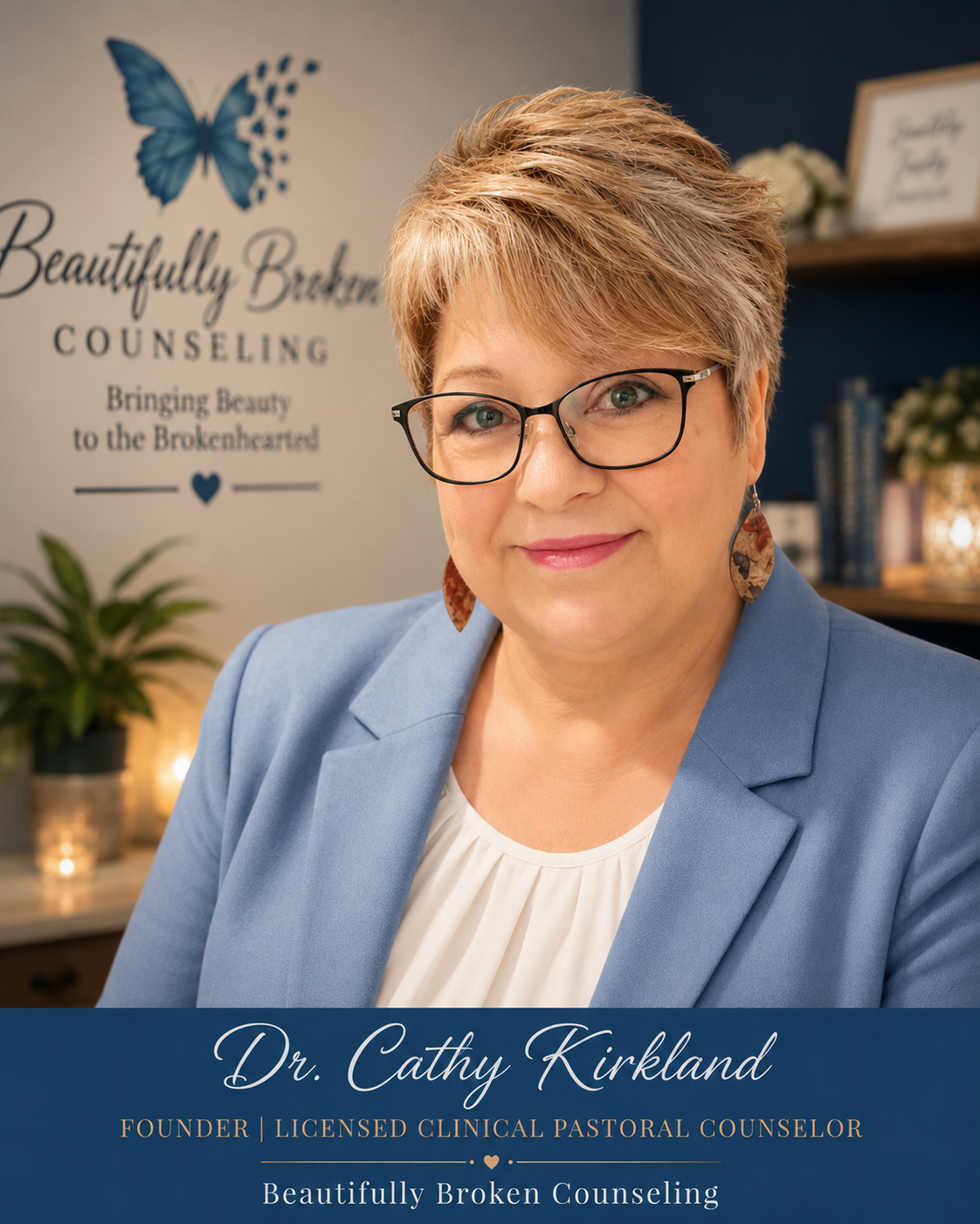 Professional headshot of Dr. Cathy Kirkland, Ph.D., against a gray background, wearing glasses and a blue blazer