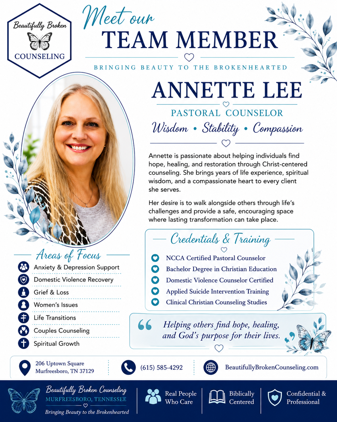 Team member profile for Annette Lee, pastoral counselor, with portrait and contact details on a blue floral layout