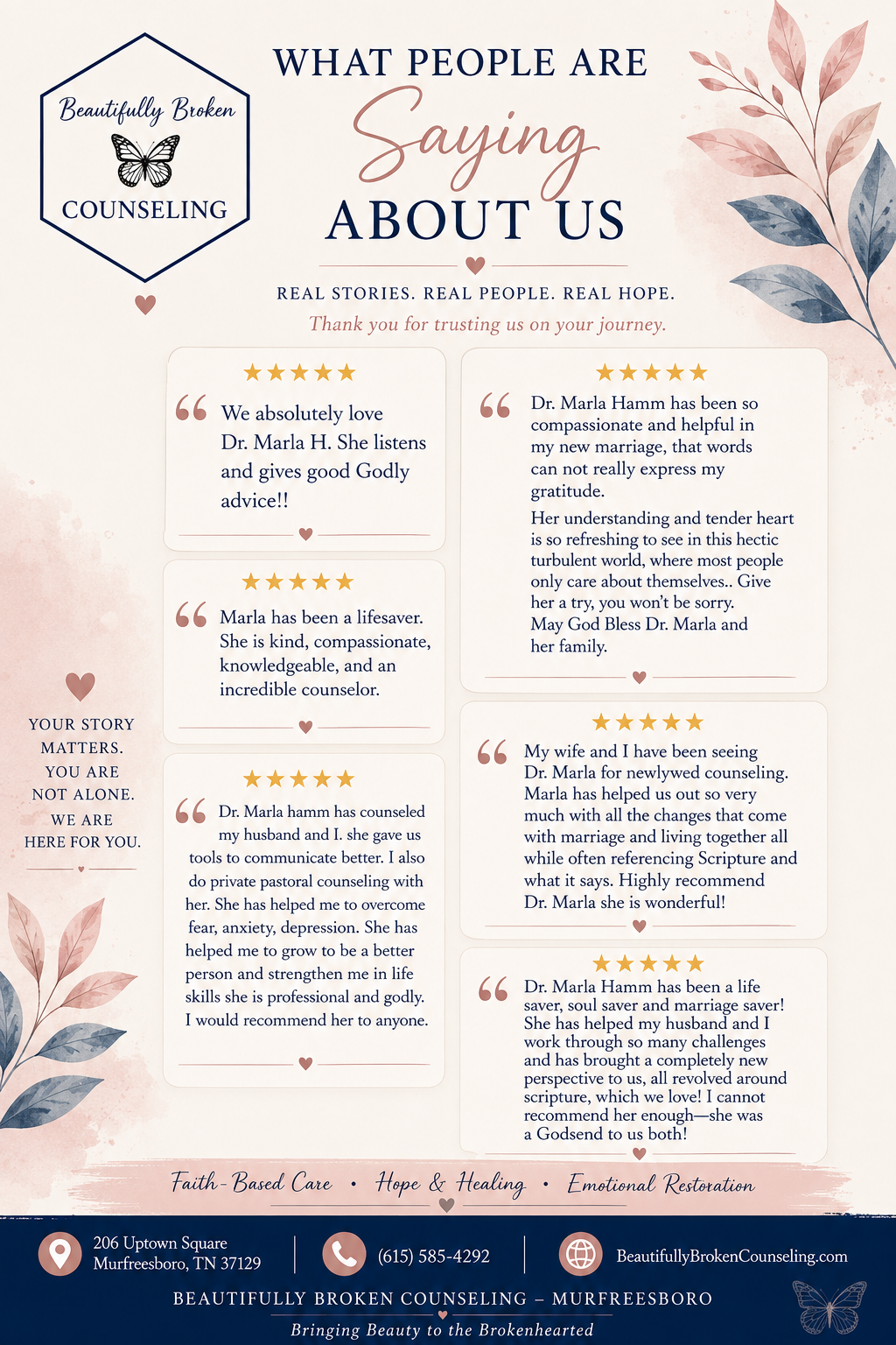 Testimonials poster with blue and peach floral accents and a “What People Are Saying About Us” heading