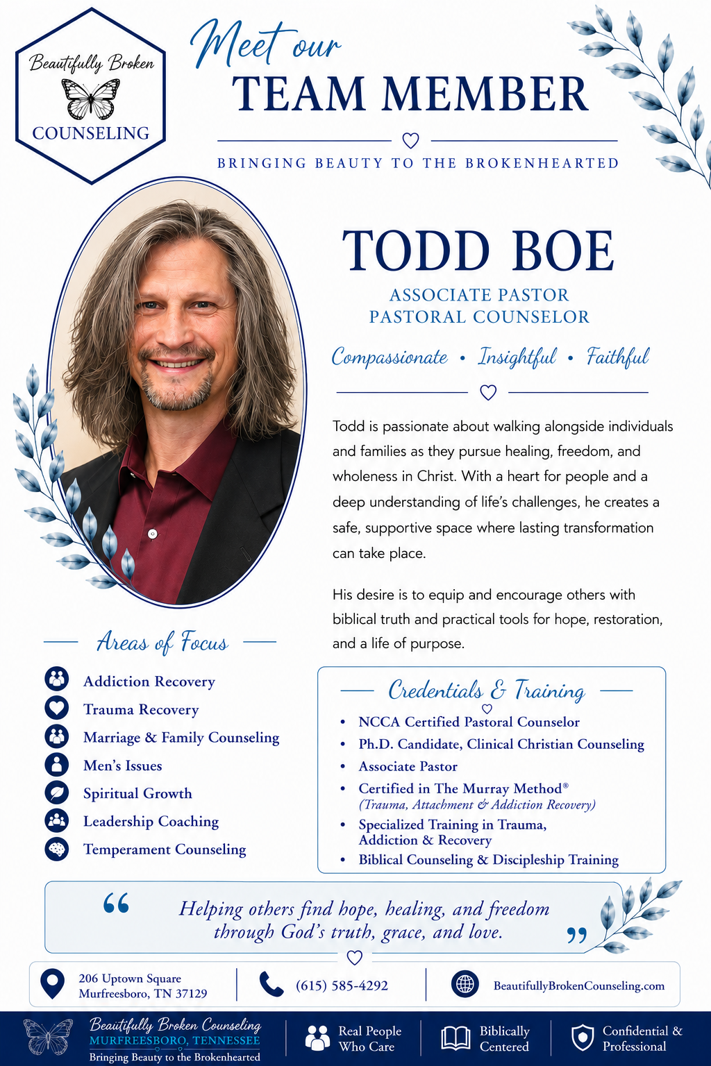 Portrait flyer for team member Todd Boe with bio text, blue floral accents, and contact/social media icons