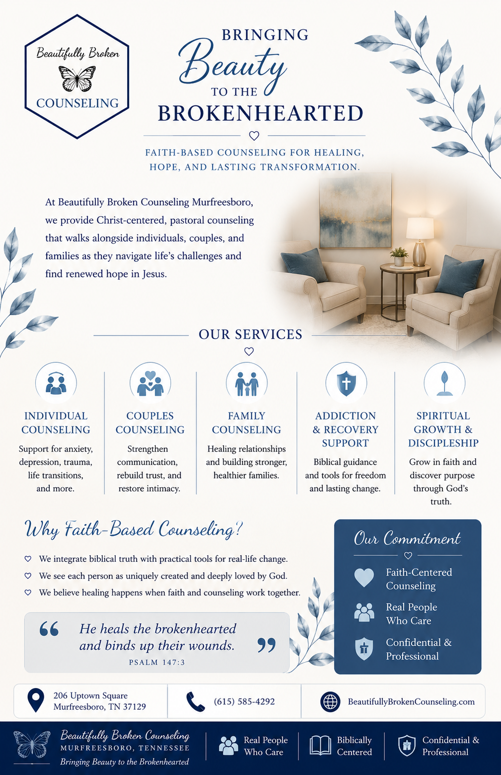 Beauty brochure for brokenhearted clients, with soft blue floral design and a cozy therapy room photo