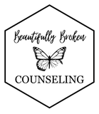 Black hexagon logo reading &ldquo;Beautifully Broken Counseling&rdquo; with a butterfly icon in the center