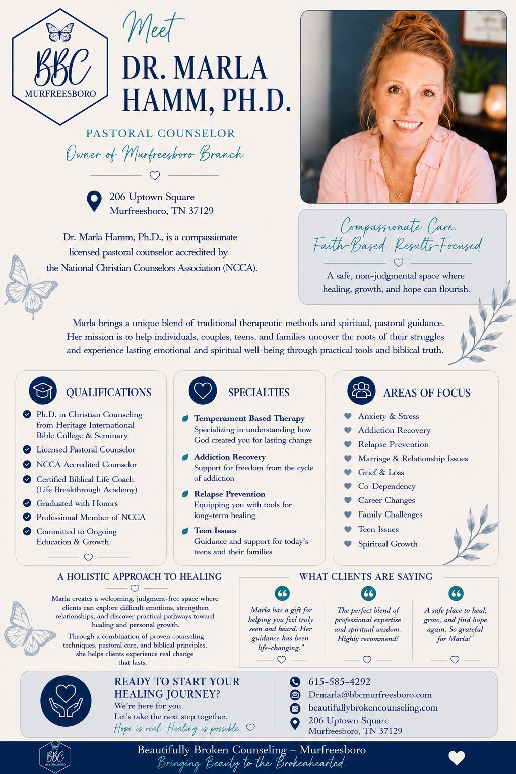 Dr. Maria Hamm, Ph.D. professional bio flyer with portrait and service details in blue and white