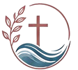 Circular church logo with a cross, leaf branch, and blue waves in maroon and teal