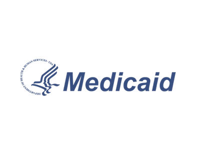 Medicaid logo in blue with a stylized emblem and wordmark on a white background