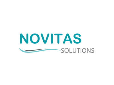 Novitas Solutions logo in teal and gray on a white background