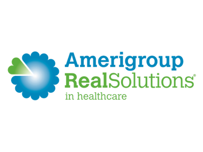 Amerigroup RealSolutions logo with blue and green flower icon and healthcare tagline