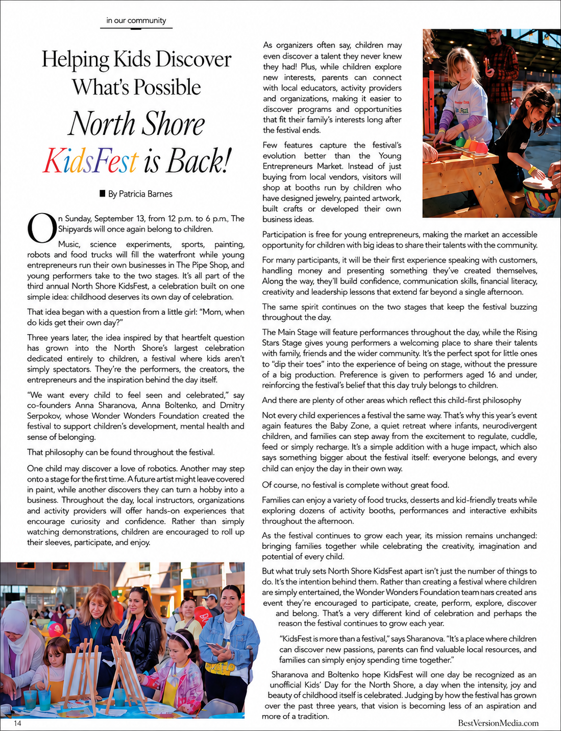 Magazine spread with event photos, text columns, and women in white dresses at a bright indoor gathering
