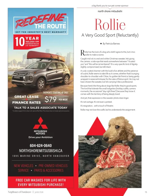 Promotional flyer for a red Jeep SUV and a poodle in a patterned shirt, with event details on a white-and-black layout