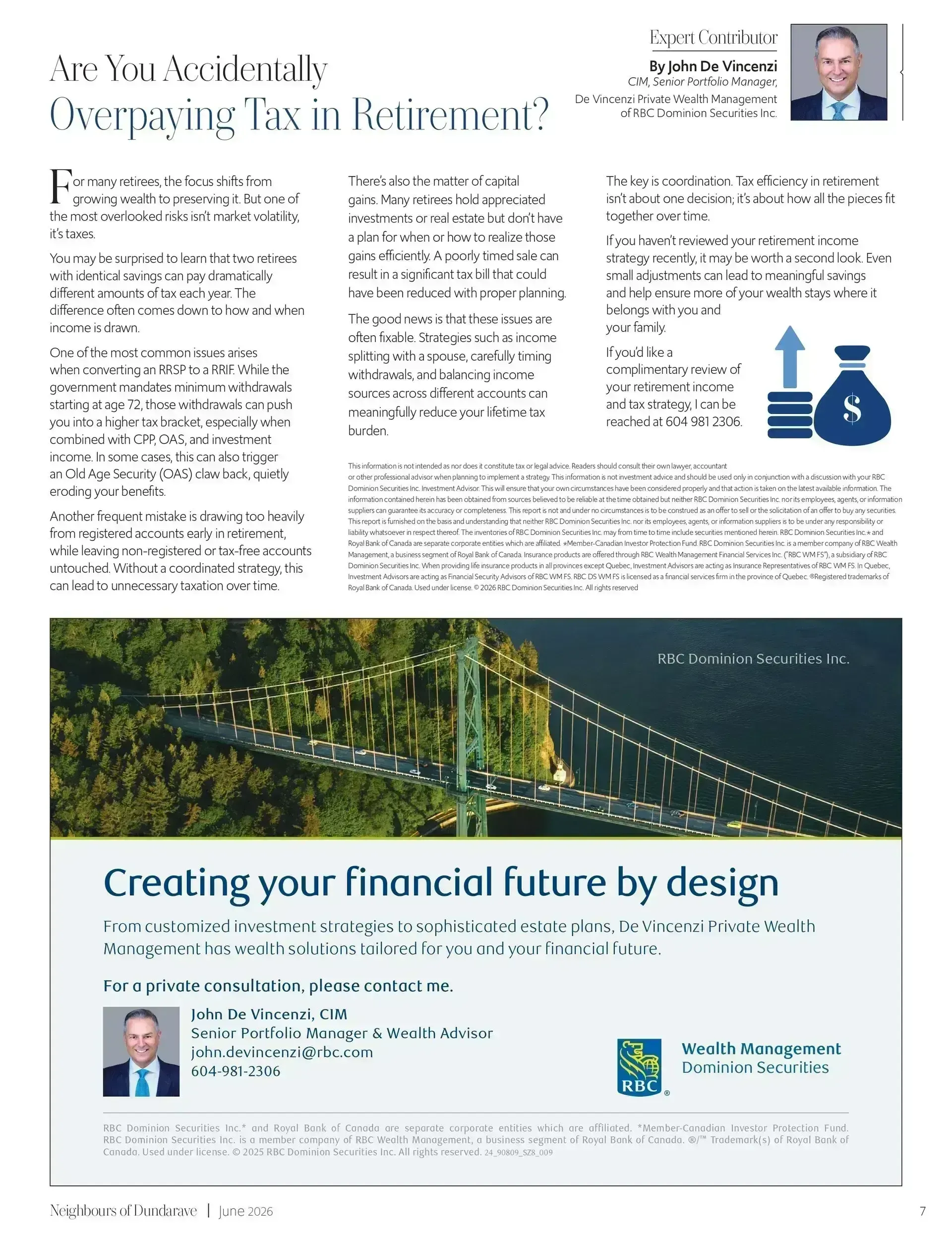 Flyer for “Creating your financial future by design” with text, portrait, and blue money-growth icon over a landscape photo