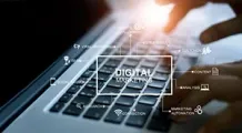 Person typing on laptop, overlaid with digital marketing icons, centered text: