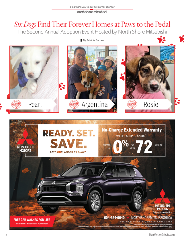 Canada Day promo collage with dog wearing glasses and red maple leaf flags, plus local business ads and QR codes