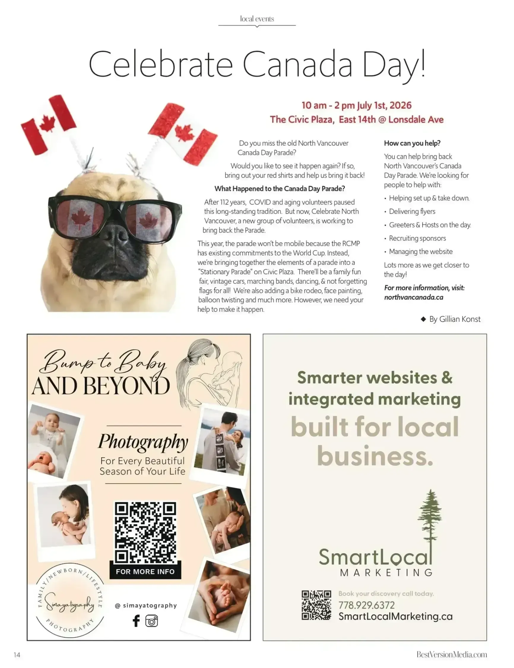 Canada Day promo collage with dog wearing glasses and red maple leaf flags, plus local business ads and QR codes