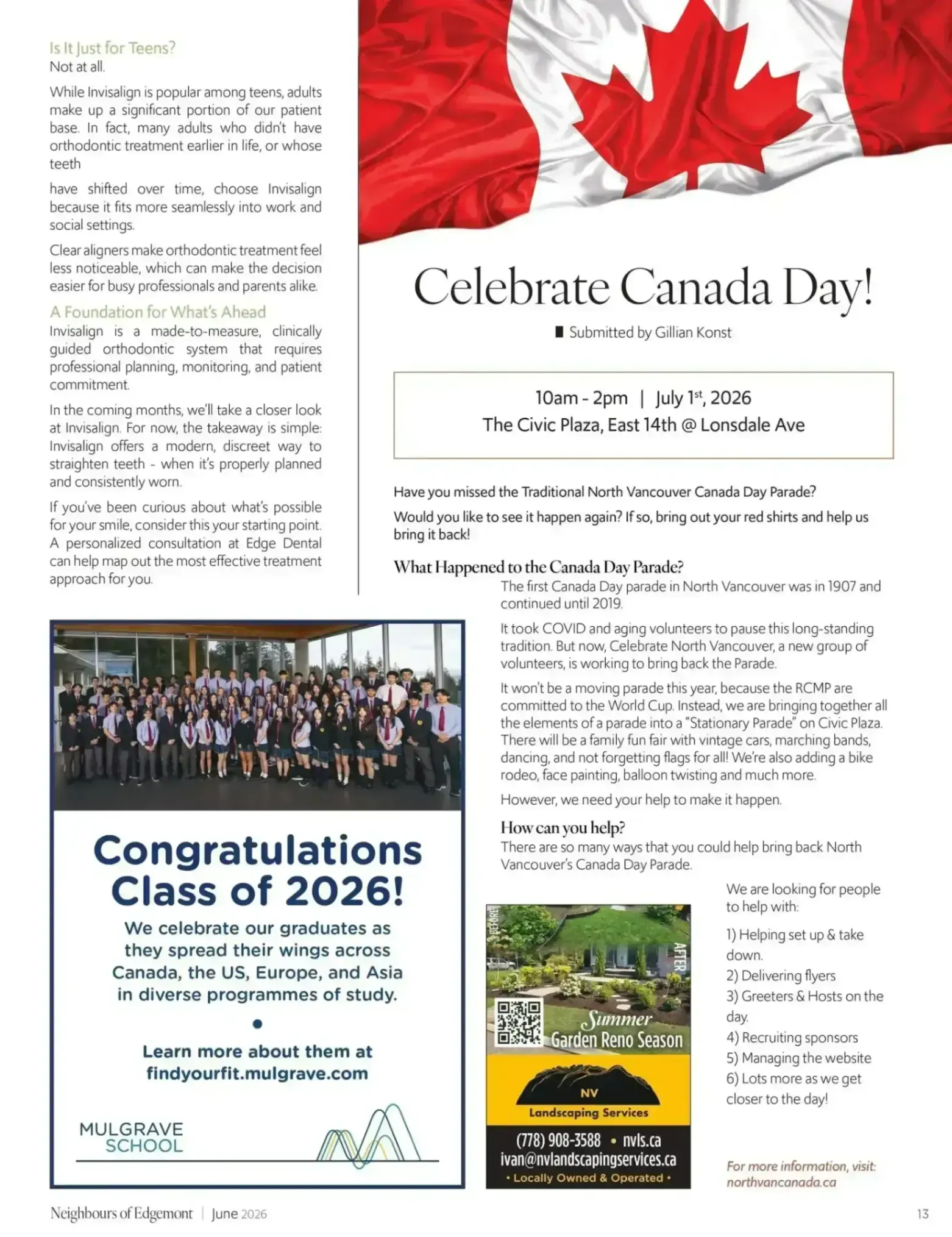 Canada Day celebration flyer with red maple leaves, event details, group photo, and congratulatory message for Class of 2026.