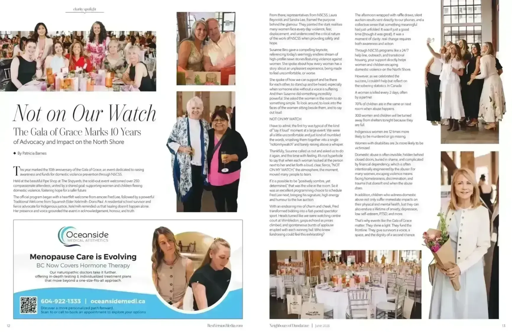 Magazine spread with event photos, text columns, and women in white dresses at a bright indoor gathering