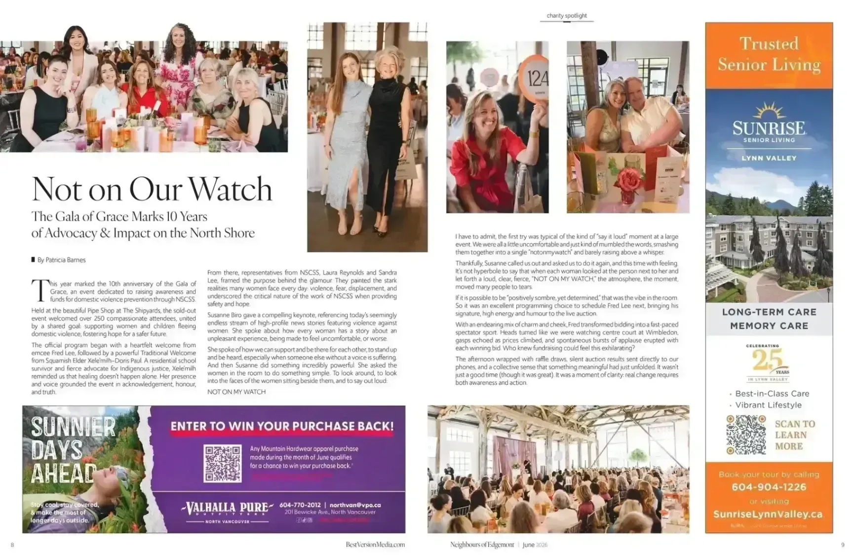 Collage of church newsletter pages with worship photos, “Not on Our Watch” article, and event announcements