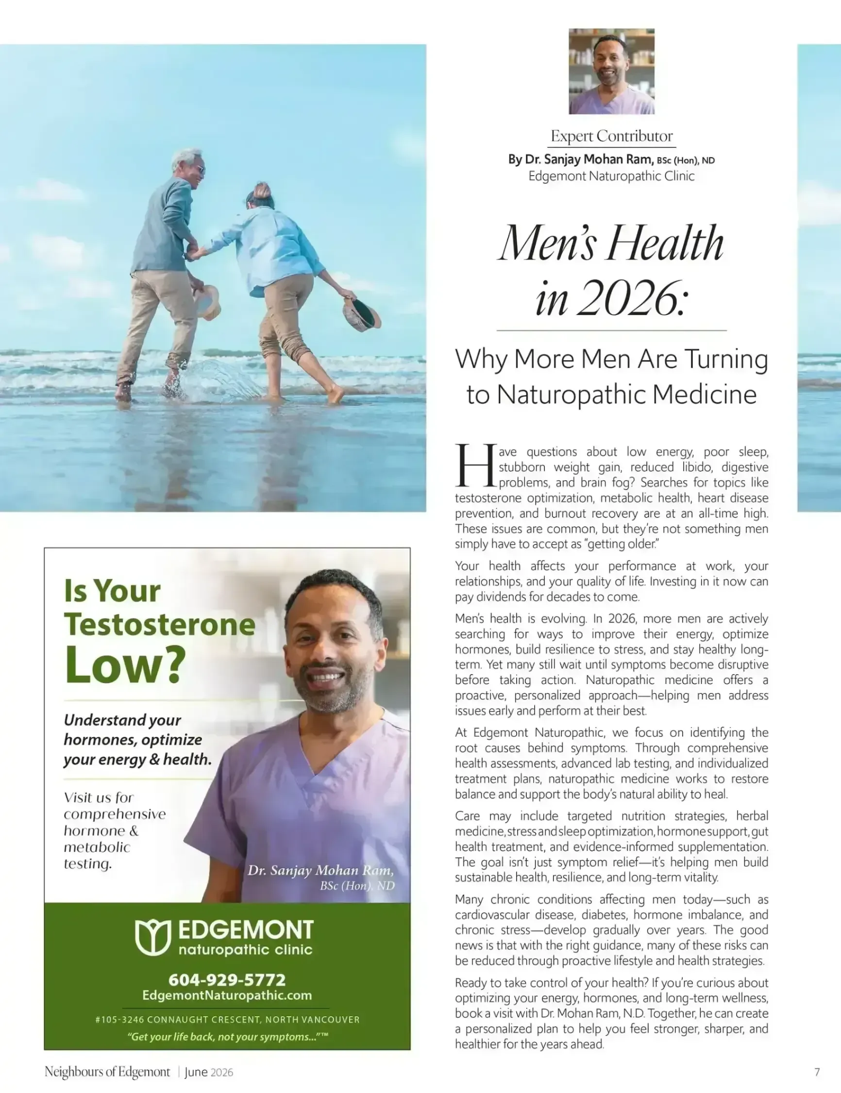Magazine page with “Men’s Health in 2026” article and low testosterone ad with a man and green banner