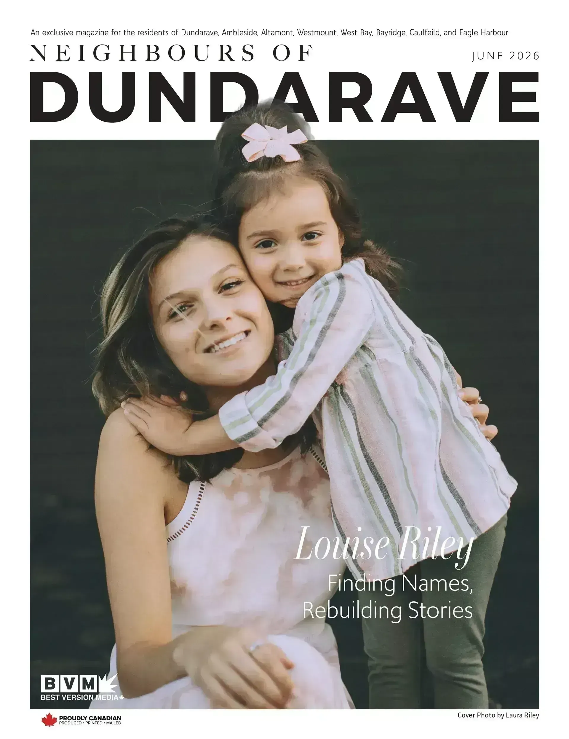 Magazine cover featuring a smiling woman hugging a child, with the title “Neighbours of Dundarave.”