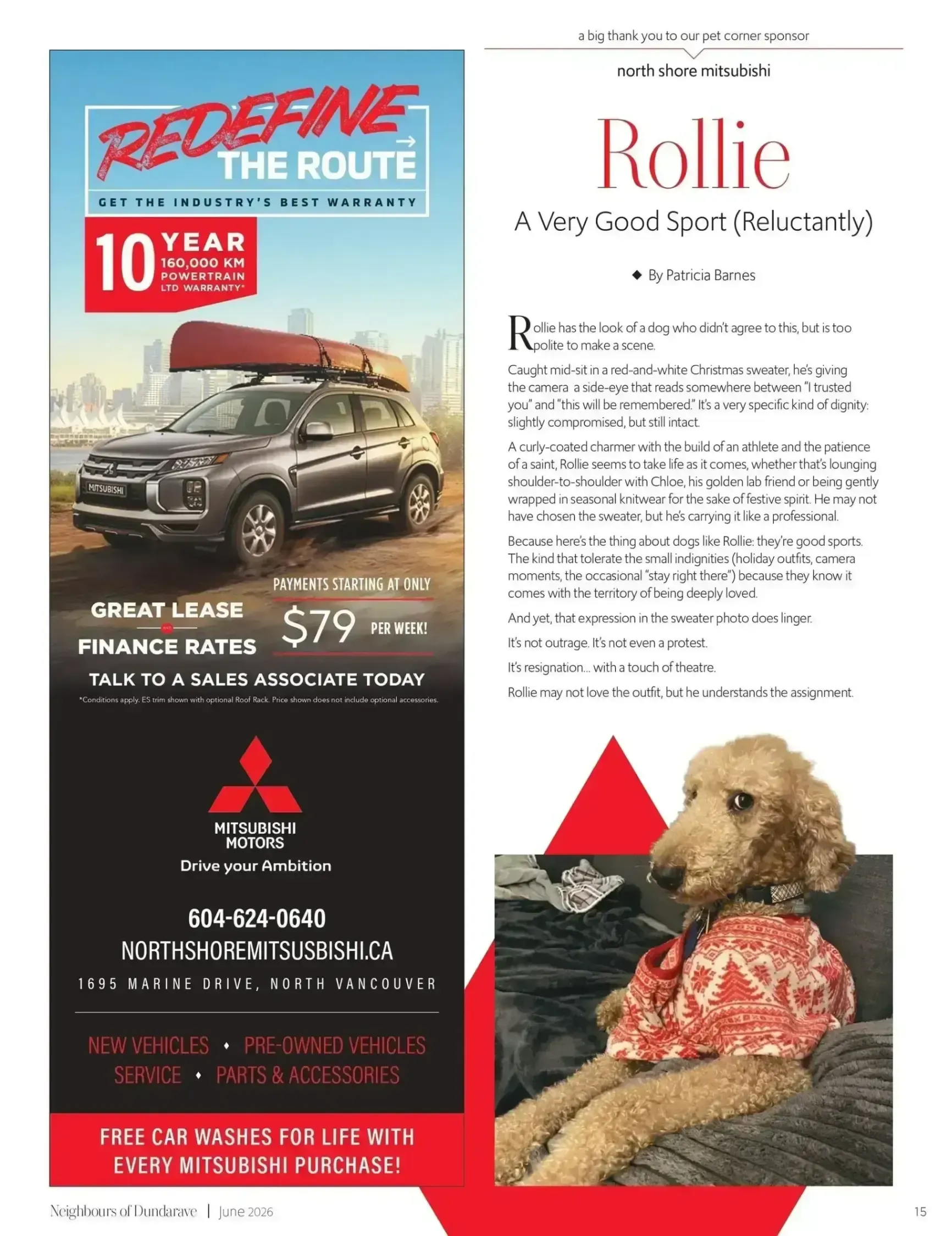 Promotional flyer for a red Jeep SUV and a poodle in a patterned shirt, with event details on a white-and-black layout