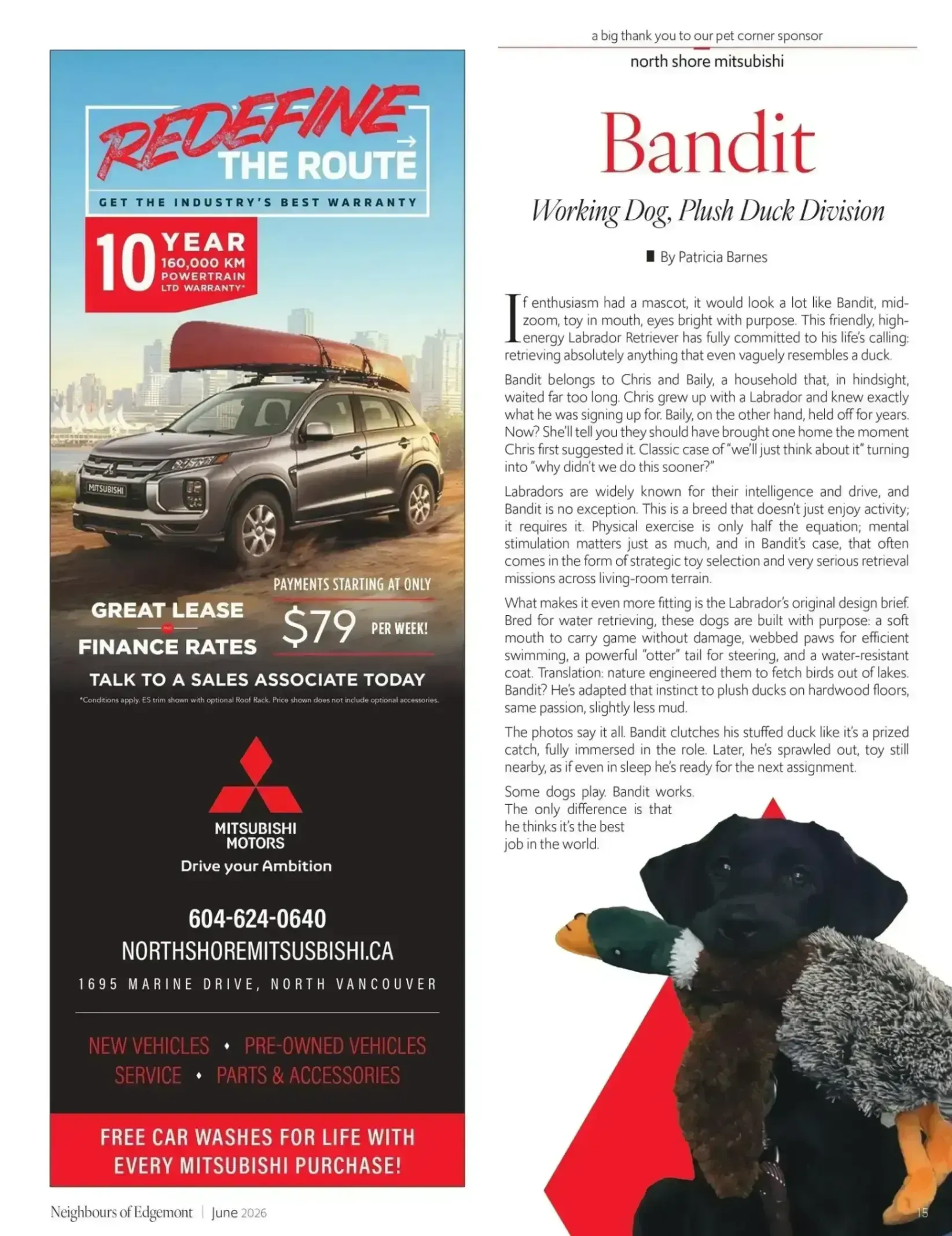 Promotional flyer for a 10-year route event with car image, black text, red accents, and a small dog graphic