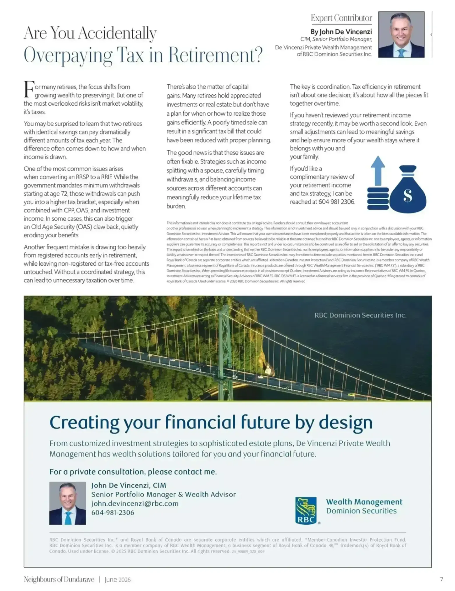 Flyer for “Creating your financial future by design” with text, portrait, and blue money-growth icon over a landscape photo
