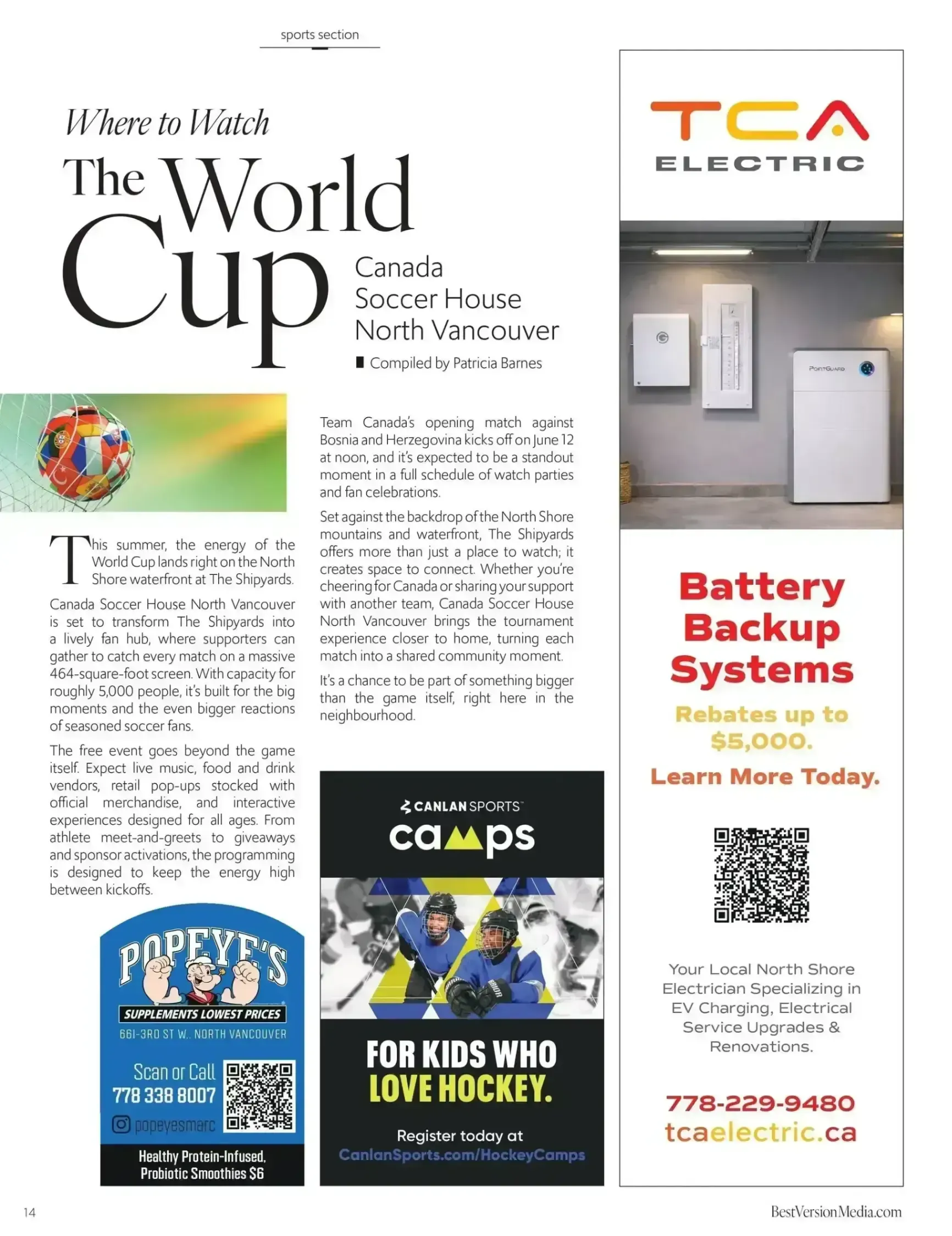 Ad for The World Cup with soccer graphics and TCA Electric battery backup systems on a white background
