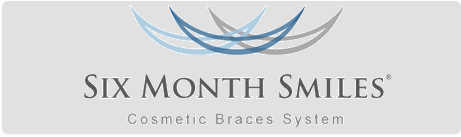 Six Month Smiles Cosmetic Braces System logo with blue arc design on a gray background
