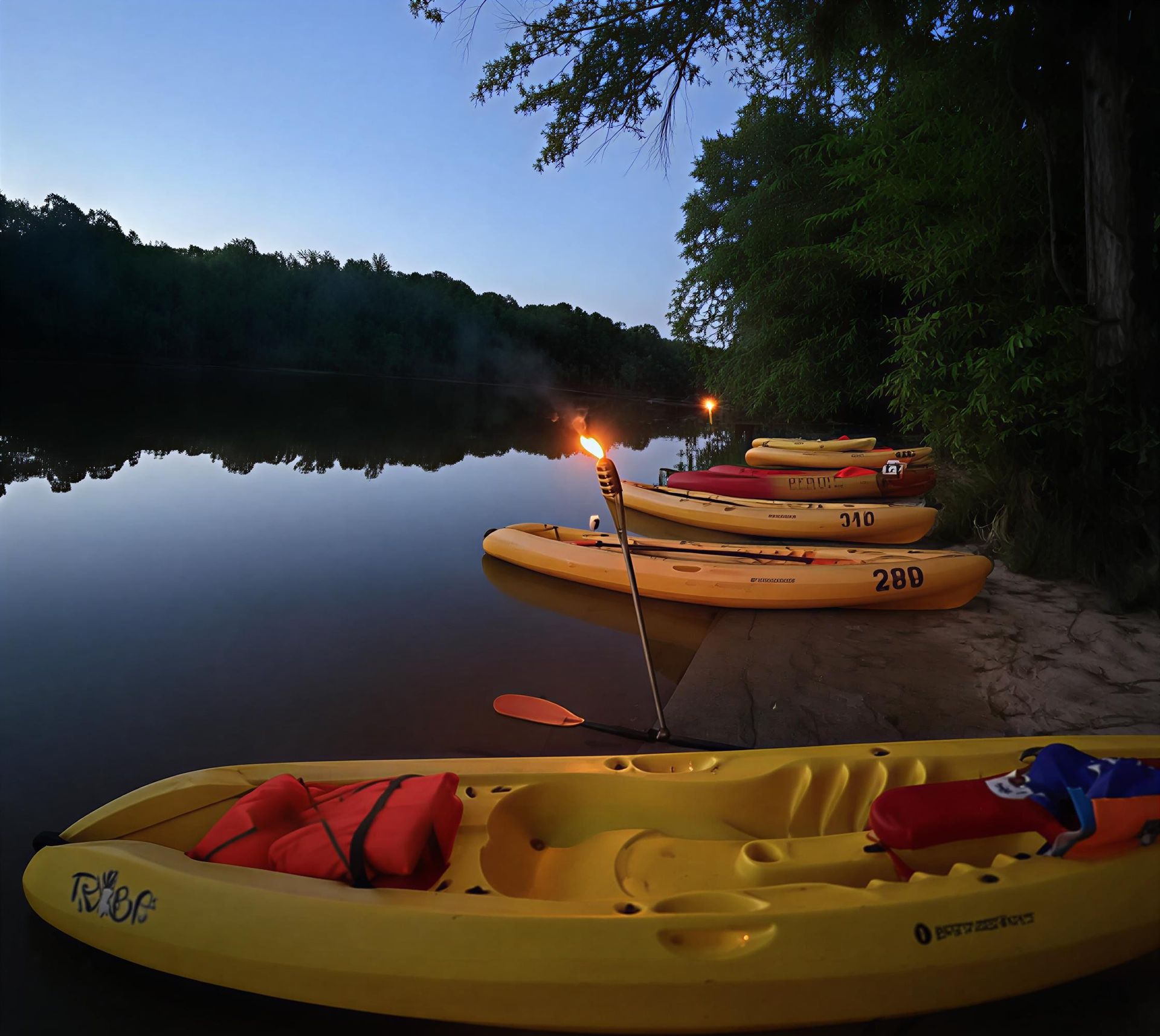 Kayaks lined up on a calm riverbank at dusk; a torch burns nearby, trees in the background.