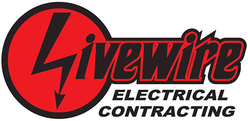 The logo for livewire electrical contracting is red and black.