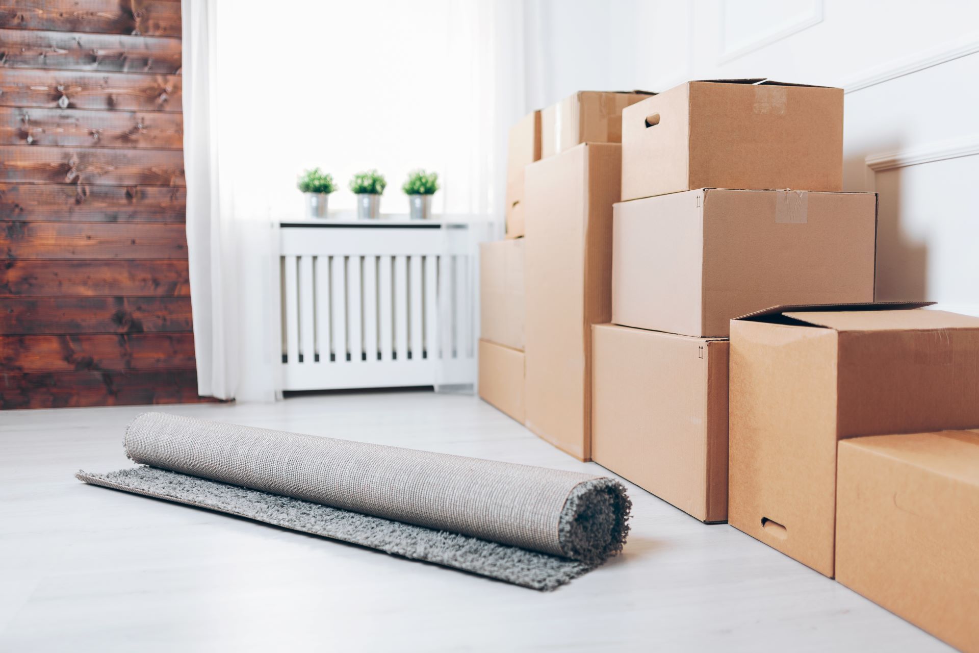 A living room filled with cardboard boxes and a rug.