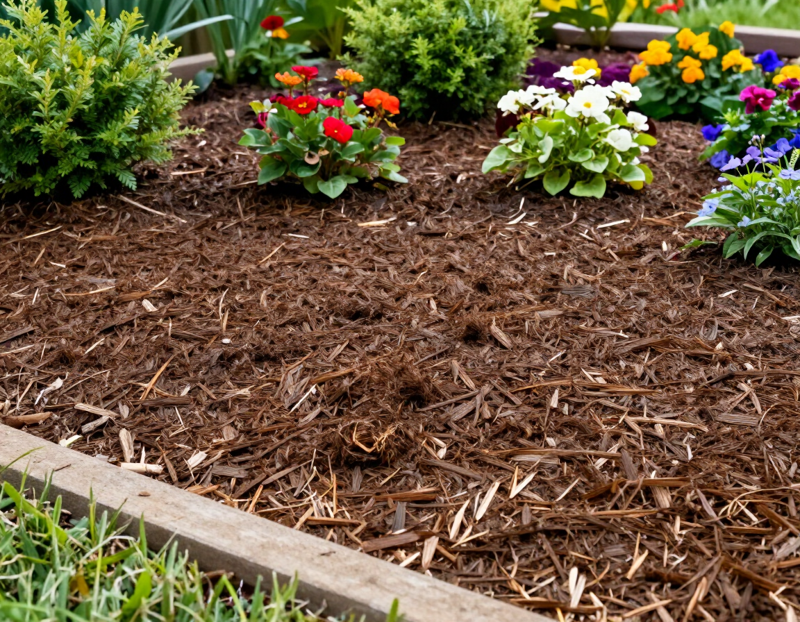 Fresh dark mulch spread across a neat garden bed with shrubs