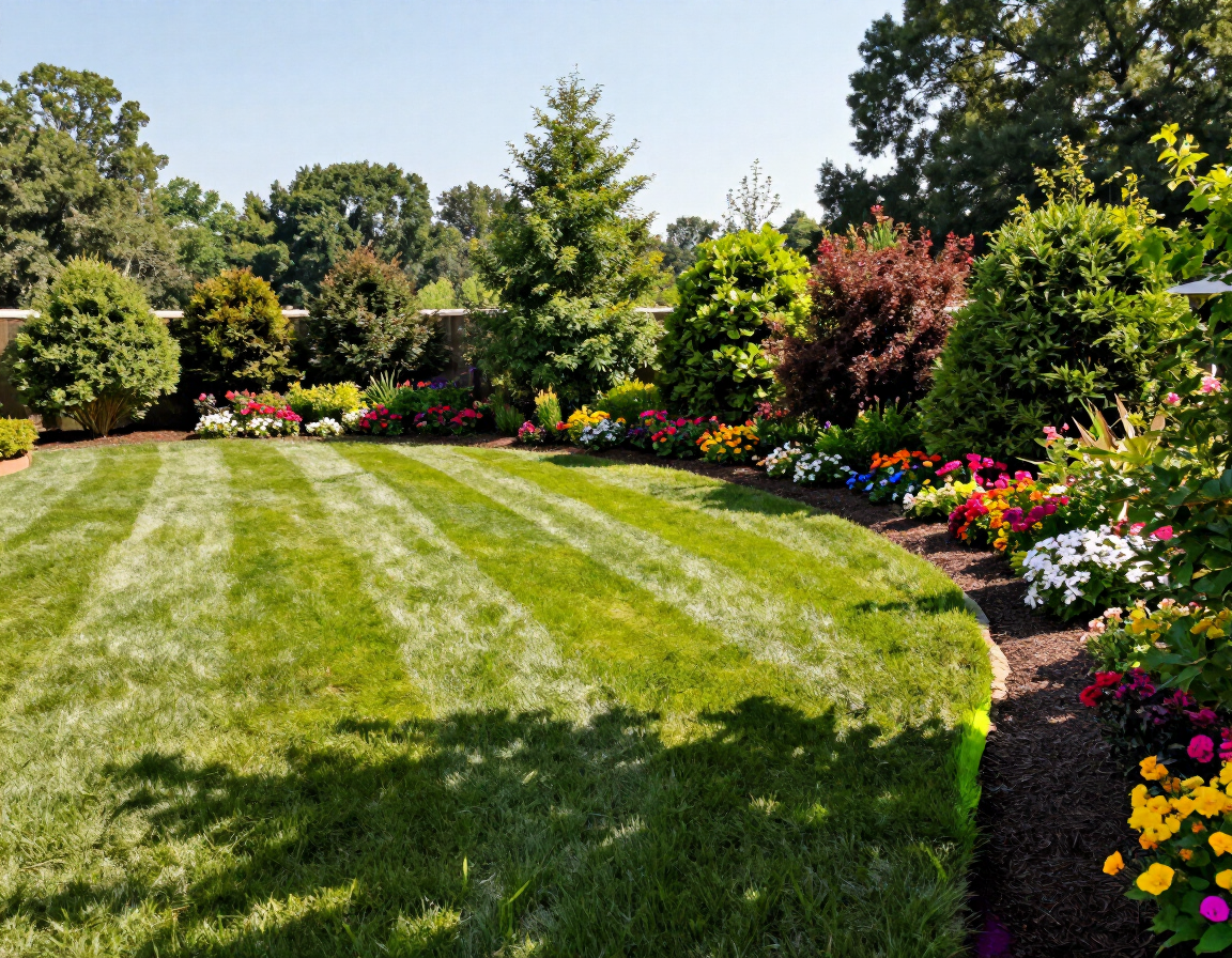 Thick healthy backyard turf with pruned ornamental shrubs in Arkansas
