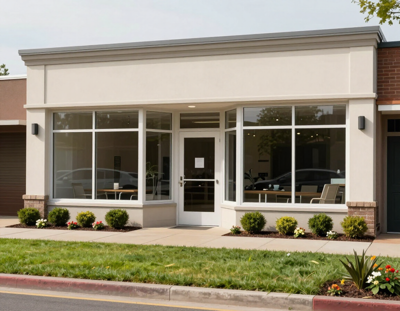 Small commercial property with tidy lawn and edged landscaping beds