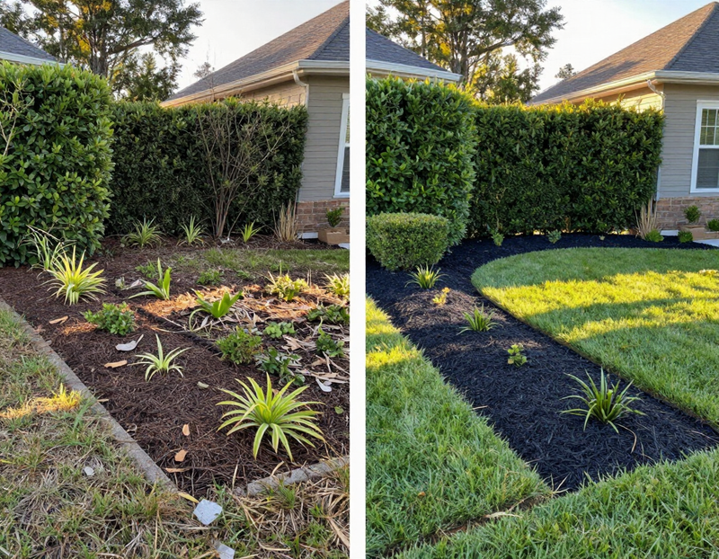 Landscaped front yard with trimmed hedges and fresh mulched beds