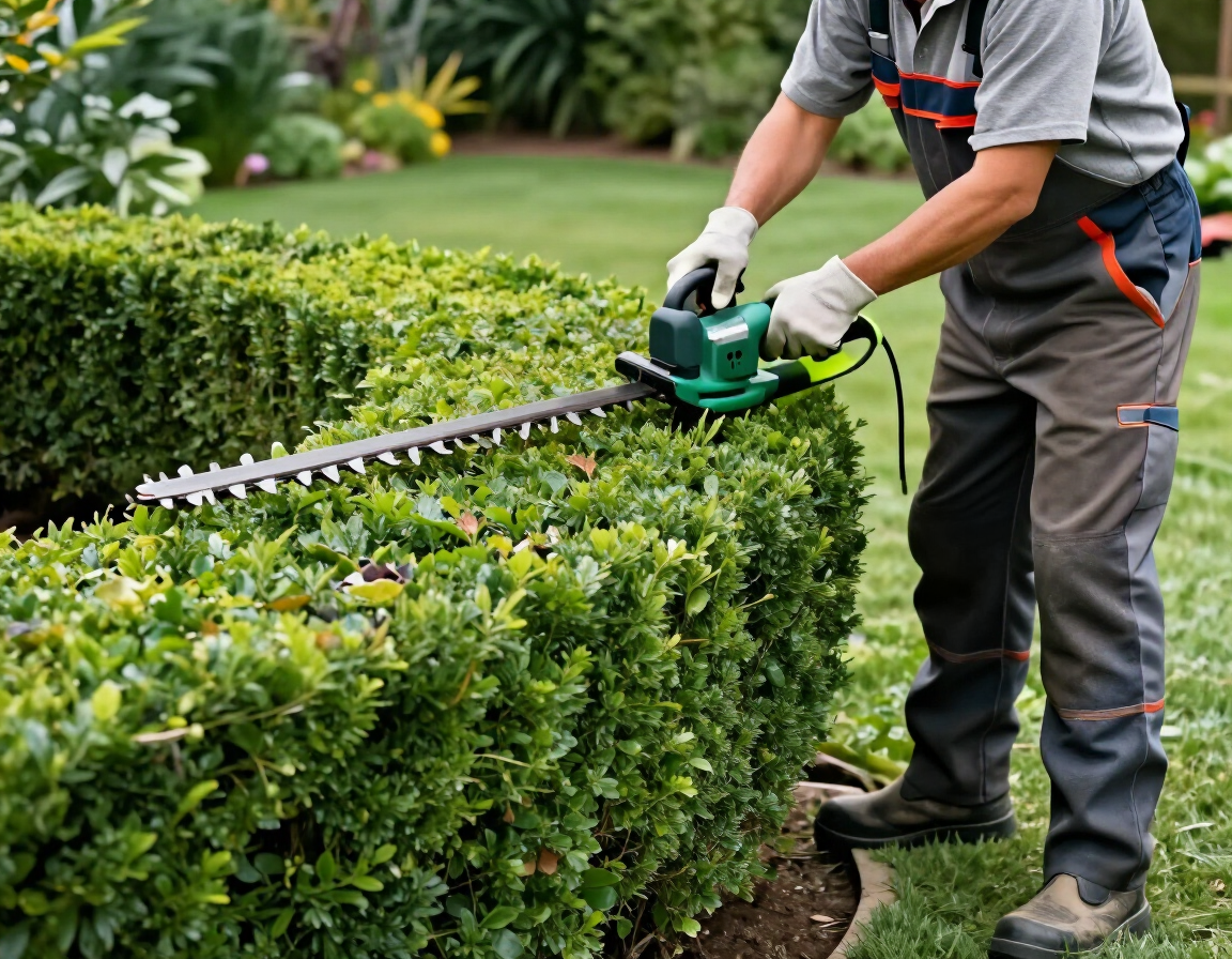 Landscaper trimming and shaping a green hedge with an electric trimmer