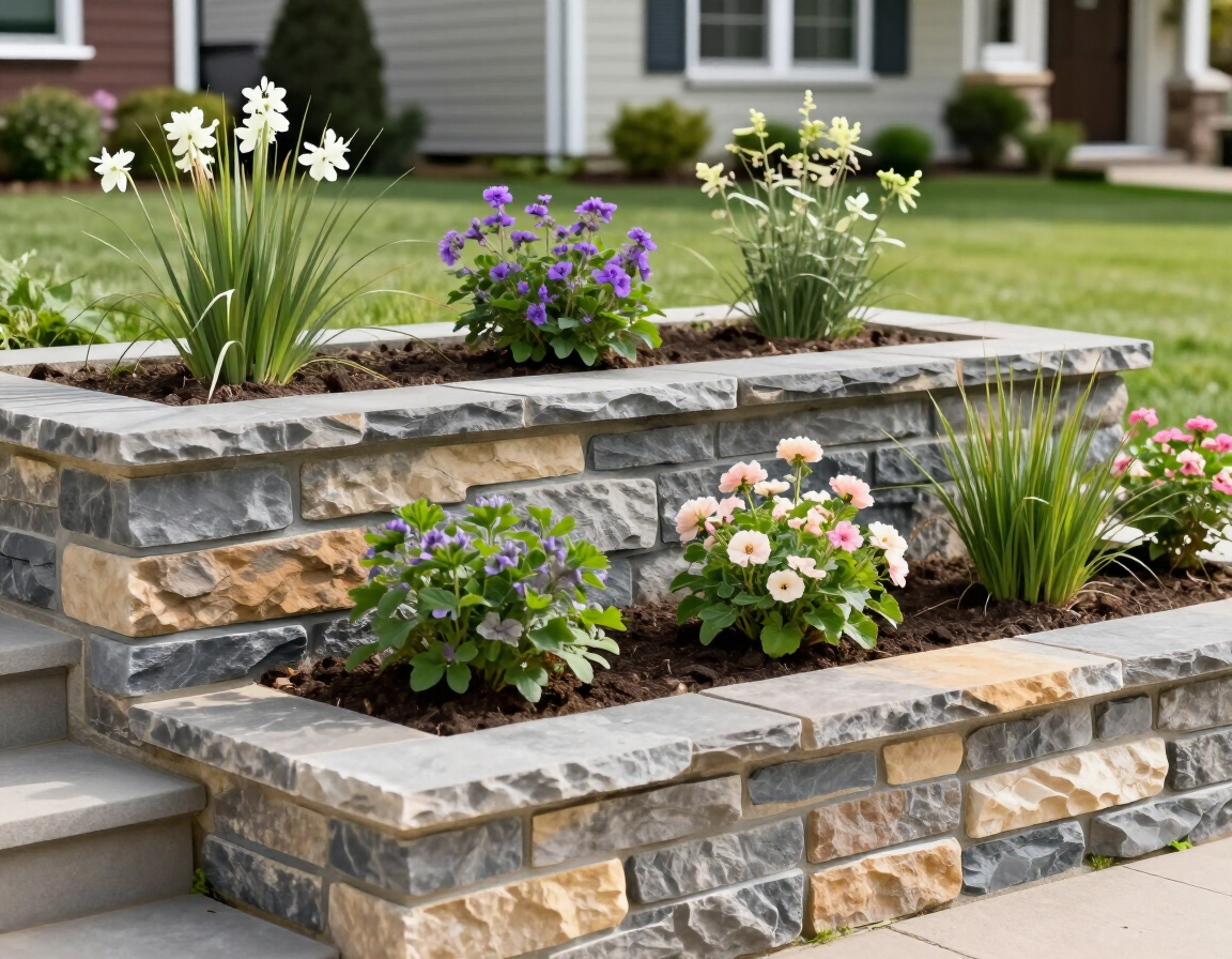 Small stone retaining wall with new plantings in a residential landscape