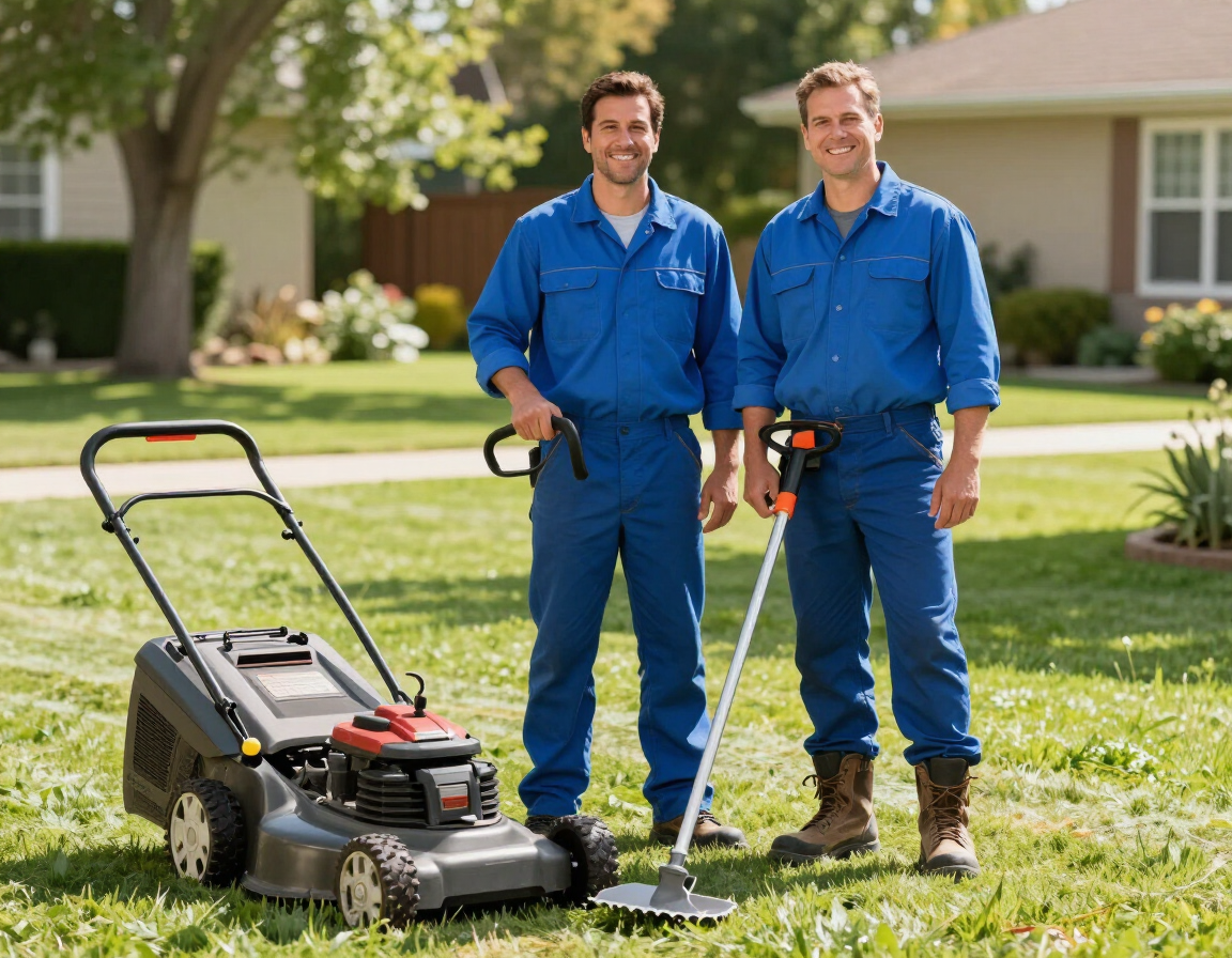 Local Perryville landscaping crew with mower and trimmer on a green lawn
